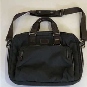 Tumi grey canvas brown leather laptop travel bag
